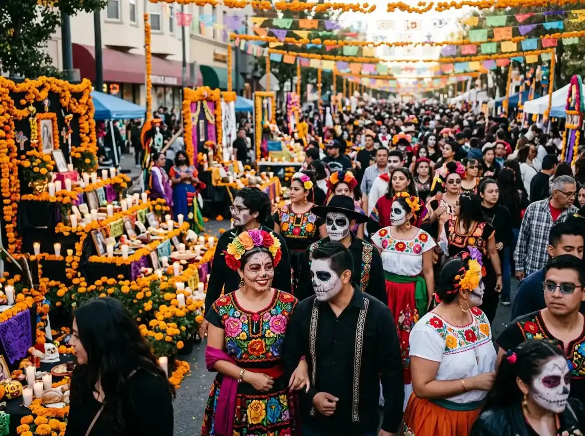 A crowded street full of people attending a Día de los Muertos festival.